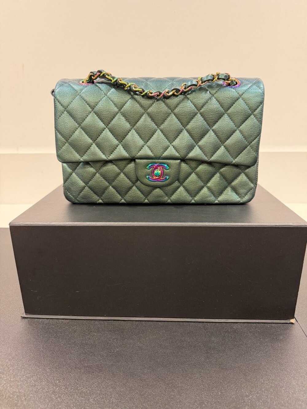 Chanel Iridescent Green Quilted Classic Flap Bag Rainbow Hardware